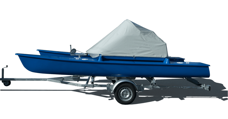 C15 Catamaran on trailer with canvas cover